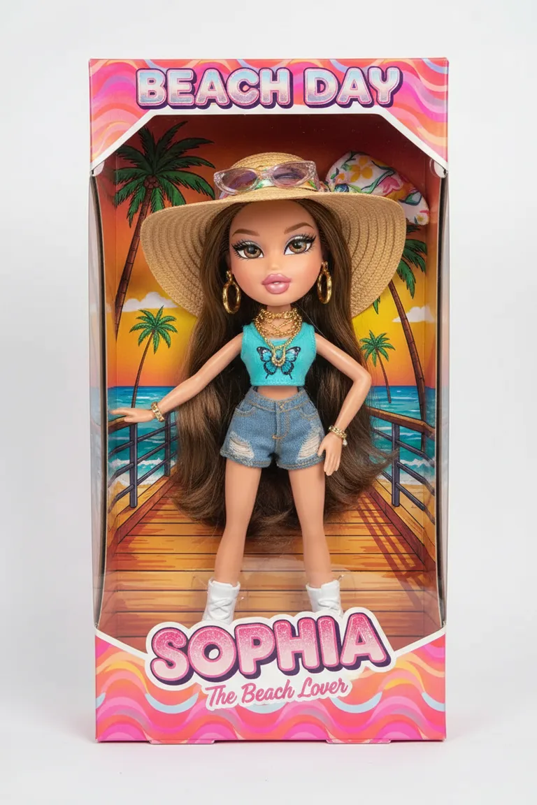 Boxed Y2K street fashion doll rendered from the beach selfie