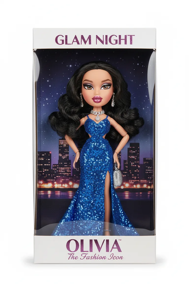 Boxed glam night fashion doll rendered from the evening portrait