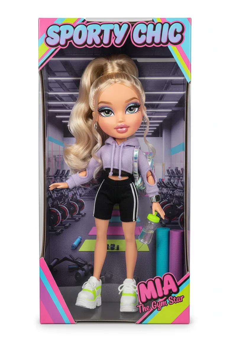 Boxed sporty fashion doll rendered from the casual portrait