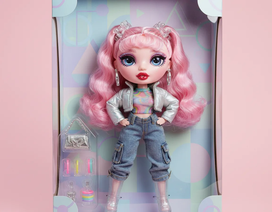 A person portrait transformed into a boxed Y2K fashion doll with oversized eyes and glossy lips